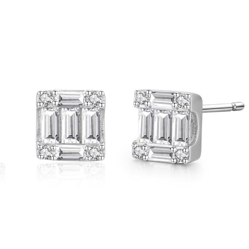 Ohrstecker Piercing, Silberne Ohrstecker 925 Damen Quadratische Form mit Weißen Runden Zirkonia 6.2X6.4mm für Valentinstag Schmuck von Wycian