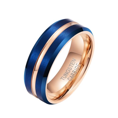Ringe Damen Nickelfrei, Wolfram Ring Tungsten Roségold Blau Größe 52 (16.6) Polierte Rille 8mm Matt Gebürstet Anpassbar für Frau Neujahr von Wycian