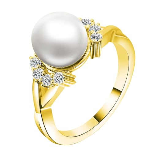 Schmuck Damen, Verlobungsring Damen Perle 14K Gelbgold Größe 61 (19.4) Perle Rundschliff Weiß Gravur Für Hochzeit Wedding Ring Deko von Wycian