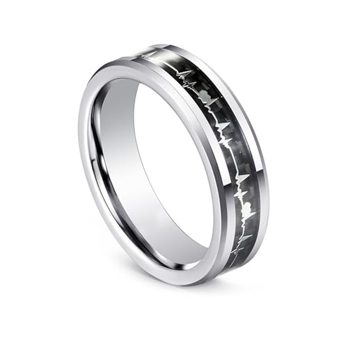Verlobung Ring Frauen, Wolfram Ring Partnerringe Silber Größe 54 (17.2) Poliertes Gewebtes Kohlefaser-Elektrokardiogramm, 6 mm für Mutter Verlobung von Wycian