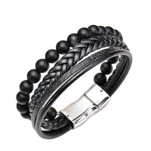 Wycian Armbänder Herren 21 cm, Buddha Armband Edelstahl Perlen Zirkonia Schwarz 4-Lagige Magnetschnalle Aus Leder 21cmx8mm Magnet 1er Naturstein Muttertag von Wycian