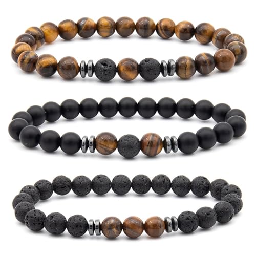 Wycian Armbänder für Herren Braun, Armband Lavasteine Perlen 3er Kristall Schwarz Mode Elegante Perlen 8mm Naturstein für Muttertag von Wycian