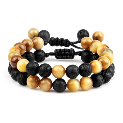 Wycian Armbänder für Herren Geflochten Freundschaftsarmband 2er Set Perlen Verstellbar Gelb Runde Form Lavasteinperle 30cm x 8mm Naturstein Abschlussball von Wycian