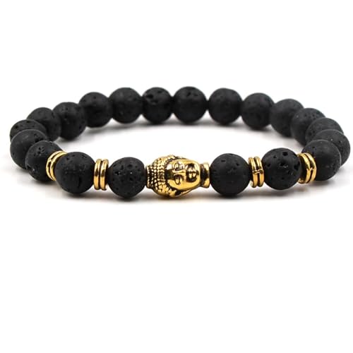 Wycian Armbänder für Herren Gold, Lava Armband Perlen Kristall Schwarzes Metalllegierung Goldbuddha 19cmx8mm Elastisch 1er Naturstein für Neujahr von Wycian