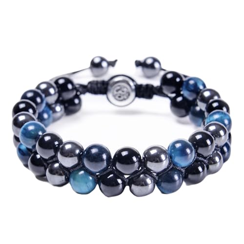 Wycian Armband Damen Boho, Herren Armband zum Verstellen Perlen Onyx Kristall Schwarz Blau 2-Lagiges Geflochtenes Yoga 30cmx8mm Magnet 1er Naturstein von Wycian