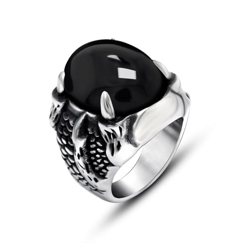 Wycian Damen Ring Verlobung, Ring Modeschmuck Silber Edelstahl Größe 62 (19.7) 20.7mm Vintage Drachenklaue mit Schwarzem Stein Personalisiert für Mutter Verlobung von Wycian