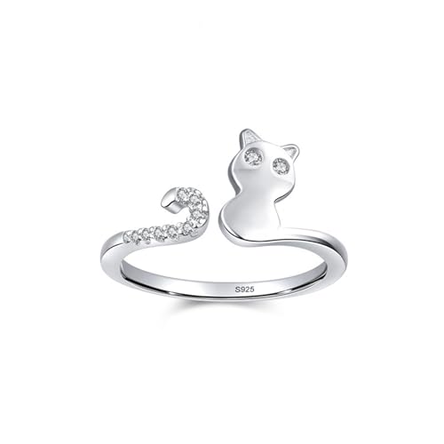 Wycian Damen Ringe 60 Damen Ringe mit Stein 925er Sterlingsilber 1.6mm Offener Ring mit Katze und Schwanz für Frau Geburtstag von Wycian