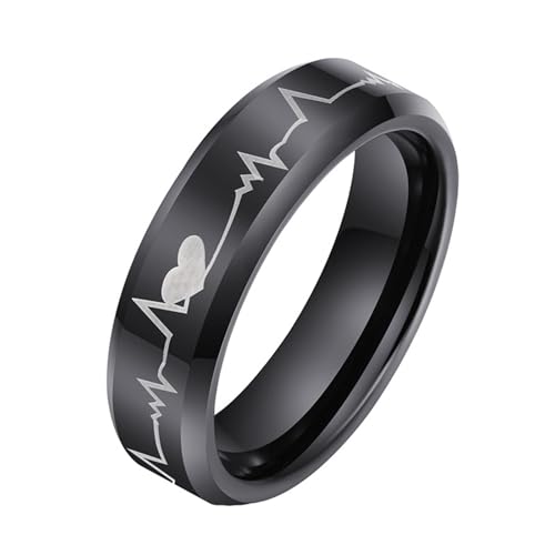 Wycian Damen Ringe Verlobung, Tungsten Ring Damen Schwarz Größe 62 (19.7) Elektrokardiogramm 6mm Anpassbar für Frau Neujahr von Wycian