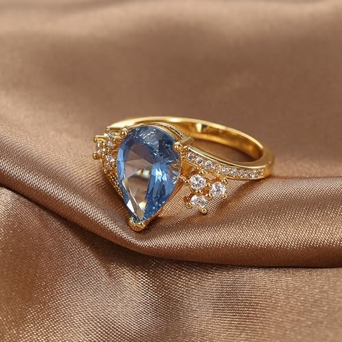 Wycian Damenring Dunkelblau Verlobungsring Blauer Topas 9K Gold Au375 Träne Größe 58 (18.5) Klassisch für Schwester Weihnachten Personalisierbar von Wycian