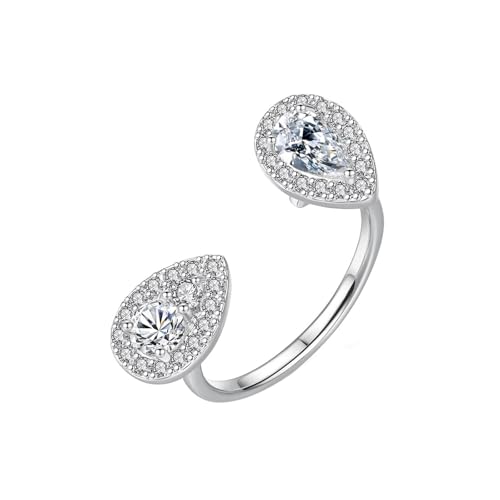 Wycian Damenringe Silber Ring mit Steinen 18 Karat Weißgold Moissanit Offen mit Tropfenförmigem Zirkonia Größe 53 (16.9) Klassisch für Frau Muttertag Gravur von Wycian
