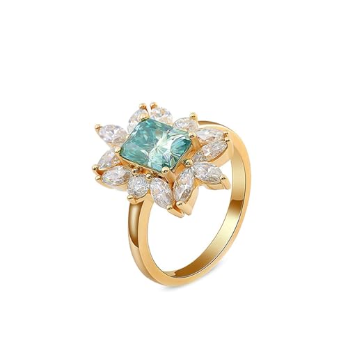 Ehering, Ringe Damen Rosegold 18K Blume Größe 60 (19.1) 1 Moissanit 1Ct Radiantschliff Blau Grün Personalisiert Für Abschluss von Wycian