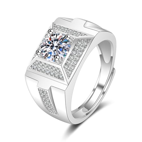 Wycian Ehering Herren Einzeln Silber Ringe mit Stein 18 Karat Weißgold Moissanit Breites Band mit Vier Krallen Größe 72 (22.9) Klassisch für Schwester Weihnachten Gravur von Wycian