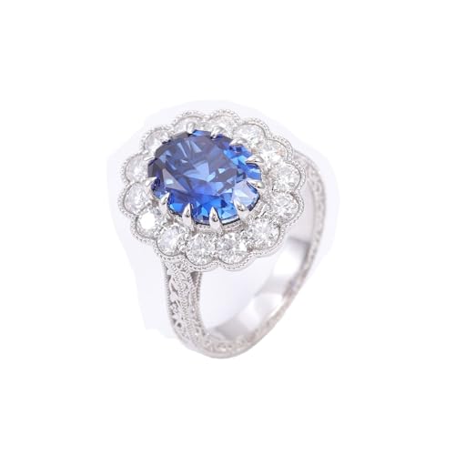 Wycian Eheringe Blau mit Gravur Verlobungsring Damen 54 18 Karat Weißgold Im Labor Hergestellter Saphir Blume Größe 54 (17.2) Elegant für Schwester Verlobung Personalisierbar von Wycian