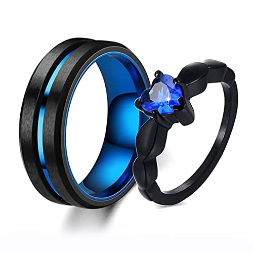 Wycian Eheringe Paarpreis Gebürstet, Ring Blauer Stein Damen Partnerringe mit Herz Zirkonia Ringe Set Saphir Verlobungsring 2 Stück 6mm 8mm Titan Edelstahl von Wycian