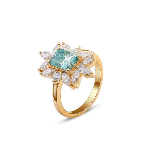 Wycian Fingerring Blumen, Ringe Blau Damen 9 Karat Gelbgold 9K Größe 57 (18.1) 1 Moissanit 1Ct Rechteckschliff Npassbar Für Valentinstag von Wycian