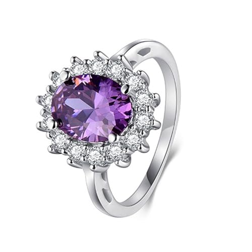 Wycian Freundschaftsring Einzeln Ring mit Stein Damen Weißgold 14 Karat Au585 7X9mm Ovale Form Amethyst Größe 57 (18.1) Vorsteckring für Mutter Einfach von Wycian