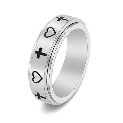 Wycian Freundschaftsring mit Gravur, Ring Schmuck Silber Edelstahl Größe 49 (15.6) 6mm Kreuz Liebe Herz Drehbar Personalisiert für Mutter Muttertag von Wycian
