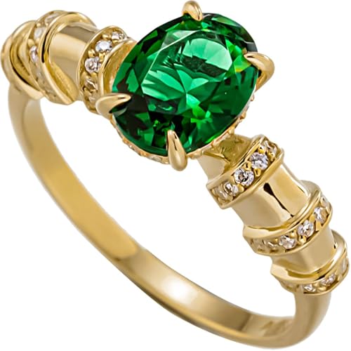 Wycian Freundschaftsringe Beste Freundinnen, Gold Ring 14K erstellter Smaragd Gelbgold Größe 61 (19.4) mit Grünem Ovalem Künstlichem Smaragd für Frau Jahrestag von Wycian