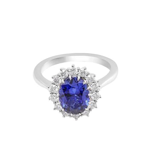 Wycian Freundschaftsringe Damen, Engagement Ring Diamond 9 Karat Weißgold 9K Blume Größe 58 (18.5) 2 Saphir Erstellt 2Ct Ovalschliff Blau Gravur von Wycian