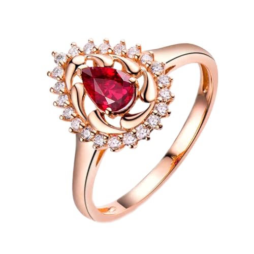 Heiratsantrag Ringe, Ehering Damen 60 18 Karat Roségold AU750 Blume Lab Rubin 0.5CT Rot Tropfenschliff VVS mit 22 Diamant 0.17CT Weiß Gravur von Wycian