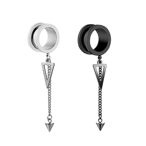 Wycian Ohr Plug Anhänger, Tunnel 8mm Schwarz 0G Edelstahl Silber Schwarz mit Ketten-Dreiecks-Anhänger für Hochzeit Edelstahl Tunnel Set 2Er Schmuck Geschenk von Wycian