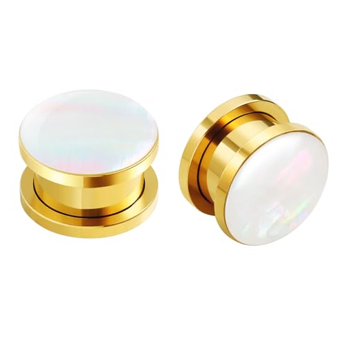 Wycian Ohr Tunnel Set Edelstahl 8mm zum Schrauben Gold Perlmutt Perle Vergoldet 316L 2er Set Mit Gewinde Spirale für Herren von Wycian