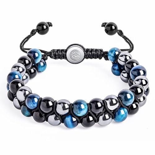 Wycian Paararmband für Sie und Ihn Personalisiert, Tigerauge Armband Herren Perlen Kristall Schwarz Blau 2-Lagige Obsidianperle 30cmx8mm 1er Naturstein von Wycian