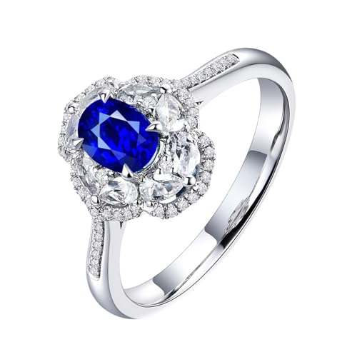 Partnerringe Damen, Eheringe Blau 18 Karat Weißgold AU750 Blume Lab Saphir 0.67CT Ovalschliff VVS mit Diamant Weiß Größe 57 (18.1) Personalisiert von Wycian