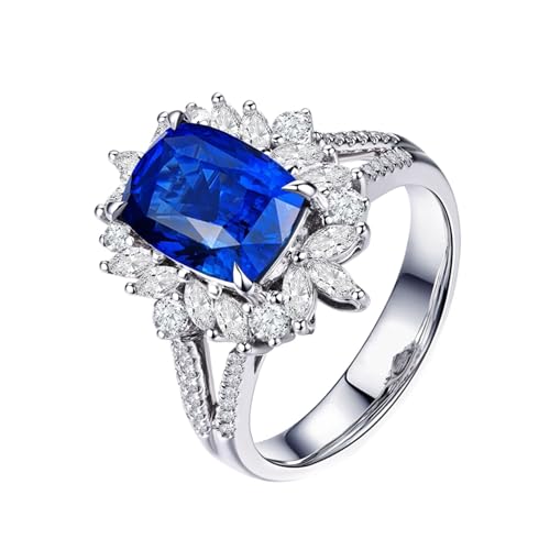 Partnerringe Lesben, Verlobungsring Blau Damen 18 Karat Weißgold Blume Lab Saphir 4.08CT Rechteckschliff VVS mit Diamant Weiß Größe 65 (20.7) Gravur von Wycian