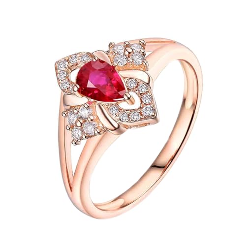 Partnerringe Personalisiert, Rosegold Ring 750 18 Karat Blume Lab Rubin 0.443CT Rot Tropfenschliff VVS mit 22 Diamant 0.19CT Größe 57 (18.1) Gravur von Wycian