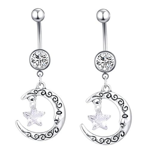 Wycian Piercing Bauchnabel Mond, Bauchpiercing Silber 2pcs Edelstahl Mond und Stern Zirkonia Bauchnabelpiercing für Damen von Wycian