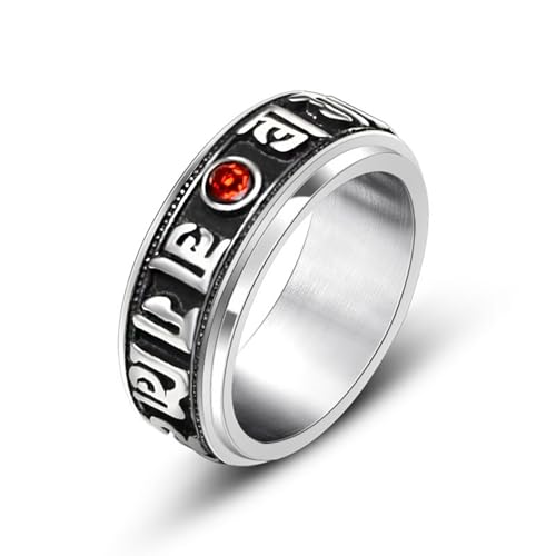 Wycian Promise Ring Mann, Ring Kristalle Edelstahl Zirkonia Silber Größe 60 (19.1) 7.8mm Buddhismus Mantra mit Rotem Zirkonia Anpassbar für Frau Hochzeit von Wycian