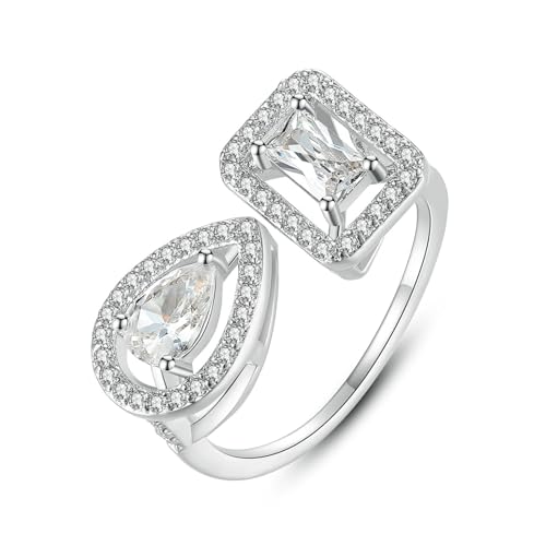 Wycian Promise Ring Mann Modeschmuck Ringe Silber Damen 18 Karat Weißgold Moissanit mit Rechteckigem und Tropfenförmigem Zirkonia Größe 52 (16.6) Klassisch für Frau Valentinstag Personalisiert von Wycian