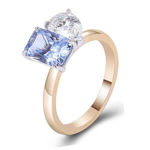 Wycian Ring Damen Blau Fingerring Gold Damen Gelb 9 Karat Gold Moissanit; Im Labor Hergestellter Heller Saphir Wassertropfenquadrat Größe 61 (19.4) Elegant für Frau Neujahr Personalisierbar von Wycian