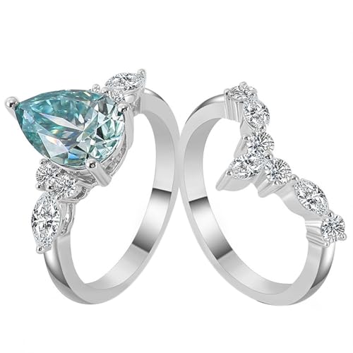 Wycian Ring Damen Blau Ringe Frauen Weissgold 9K Moissanit 2Er-Set mit Birnenförmigem Hellblauem Moissanit 1 Ct Größe 53 (16.9) Elegant für Schwester Neujahr Personalisiert von Wycian