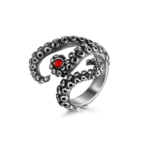 Wycian Ring Damen Verlobungsring, Ring Kristallen Edelstahl Zirkonia Silber Schwarz Größe 65 (20.7) 4.5mm Vintage Oktopus Whisker mit Rotem Zirkonia für Mutter von Wycian