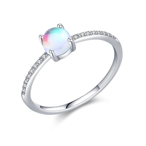 Wycian Ring Damen Verlobungsring Ring Damen Mondstein Weißgold 9K Au375 5X5mm Runde Form Größe 61 (19.4) Vorsteckring für Tante Elegant Schmuck Geschenk von Wycian
