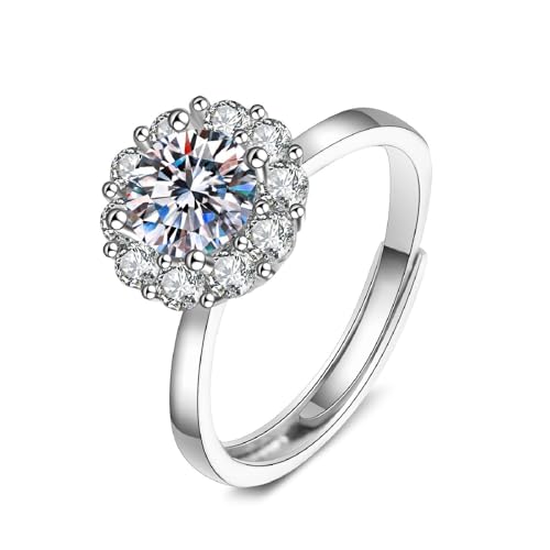 Wycian Ring mit Gravur Personalisiert Eternity Ring Silber 18 Karat Weißgold Labordiamant Blume. 4 Zinken. Rund. 1 Ct. Zirkonia. 6.5 mm Größe 61 (19.4) Klassisch für Schwester Valentinstag Gravur von Wycian