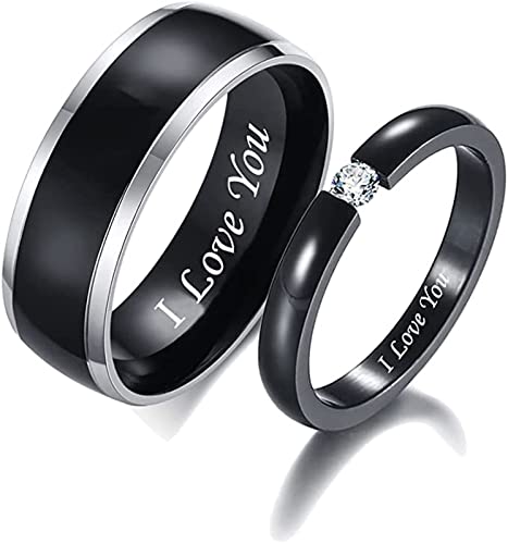 Wycian Ringe Frauen Hochzeit, Herren Ringe Vergoldet 2 Stück 6mm Zirkonia Edelstahl Schwarz Glänzend und Glatt Bequem Größe Damen 54 (17.2) Herren 70 (22.3) von Wycian