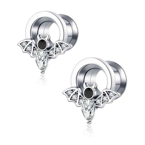 Wycian The Tunnel, Tunnel Silber 12mm 1/2 Inch Anhänger Zirkonia Edelstahl Fledermaus mit Zirkonia für Hochzeit Ohr Tunnel Titan 2Er Schmuck Geschenk von Wycian