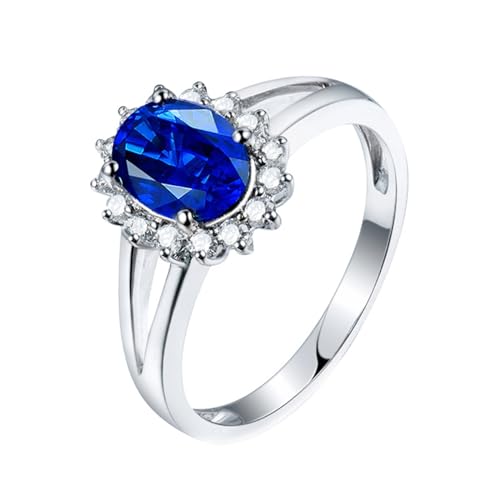 Trauringe Frauen, Damenring Blauer Stein 18 Karat Weißgold Blume Lab Saphir 1CT Blau Ovalschliff VVS mit 15 Diamant 0.2CT Weiß Größe 47 (15.0) Gravur von Wycian