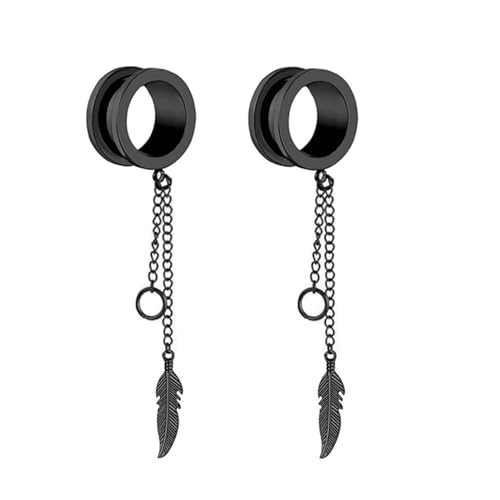 Wycian Tunnel Set, Tunnel 8mm Schwarz 0G Anhänger Edelstahl Schwarz Runder Blattanhänger mit Kette für Hochzeit Ohr Tunnel Titan 2Er Schmuck Geschenk von Wycian