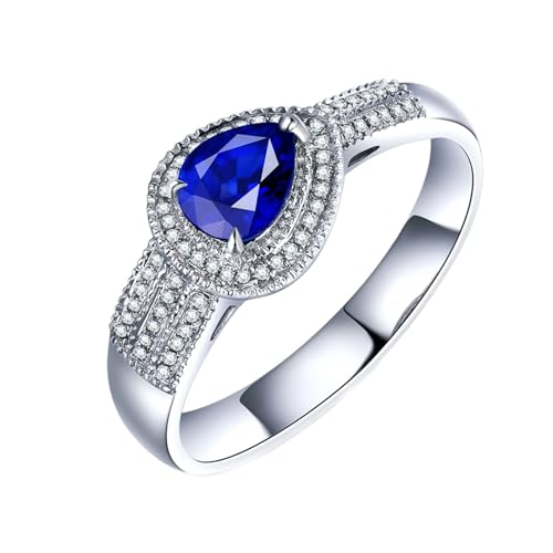 Verlobungsring Damen Nordisch, Ring Gold 18 Karat Damen Weißgold Lab Saphir Blau Tropfenschliff VVS mit Diamant Natur Weiß Größe 53 (16.9) Gravur von Wycian