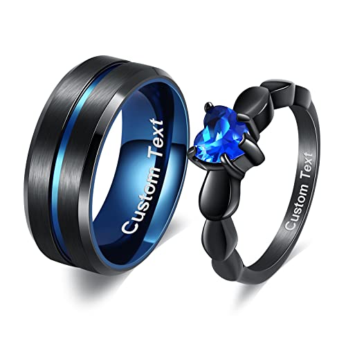 Wycian Verlobungsring Frau, Partnerringe Schwarz Eheringe Blau mit Gravur 2er 5 Krallen Freundschaftsring Ring Herz Zirkon Größe Damen 52 Herren 60 von Wycian
