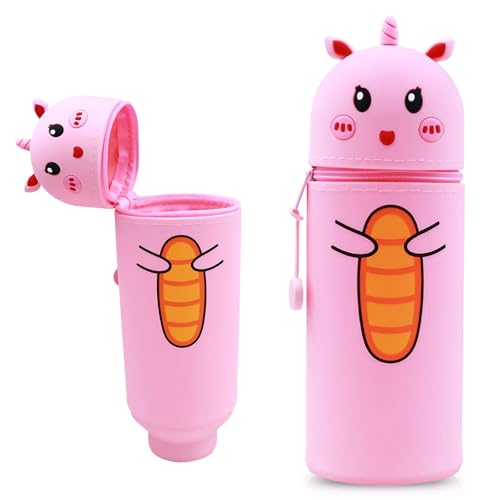 Wydexint Kawaii Federmäppchen, 2-in-1 Weiche Silikontasche,Stand Up Federmäppchen, Tier Stifthalter, Cartoon Bleistifthalter Für Mädchen Und Jungen (Rosa Einhorn) von Wydexint