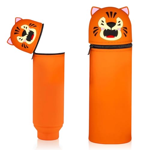 Wydexint Kawaii Federmäppchen, 2-in-1 Weiche Silikontasche,Stand Up Federmäppchen, Tier Stifthalter, Cartoon Bleistifthalter Für Mädchen Und Jungen (Tiger) von Wydexint