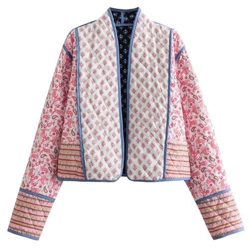 Wyeysyt Damen Cropped Puffer Jacke Cardigan Floral Gedruckt Leichte Langarm Offene Vorderseite Kurz Gepolstert Gesteppt Mäntel, Pink, XS von Wyeysyt