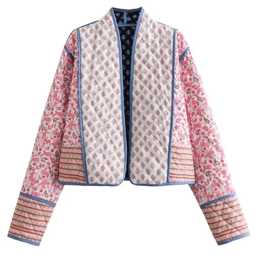 Wyeysyt Damen Cropped Puffer Steppjacke Cardigan Blumendruck Leichte Langarm Open Front Kurz Gepolstert Mäntel, Pink, XS von Wyeysyt