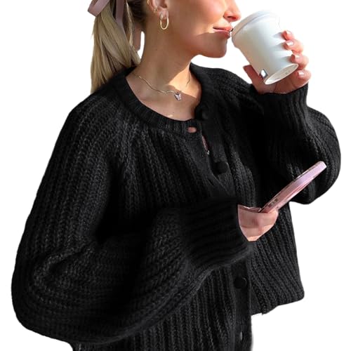 Wyeysyt Damen-Strickjacke, Knopfleiste, langärmelig, Grobstrick, weich, vorne offen, locker, lässiger Cardigan, Schwarz, Groß Wyeysyt Damen-Strickjacke, Knopfleiste, langärmelig, Grobstrick, weich, vorne offen, locker, lässiger Cardigan, Schwarz, Groß von Wyeysyt