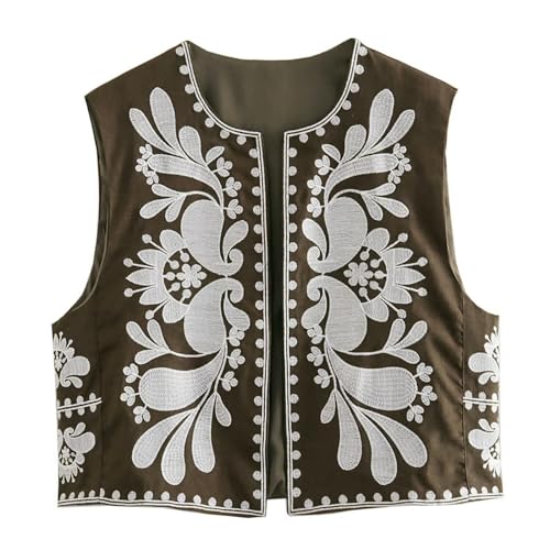 Wyeysyt Damen Vintage Bestickte Weste Boho Open Front Cropped Westen Top Ärmellos Floral Cardigan 2024, Army Grün, Small von Wyeysyt